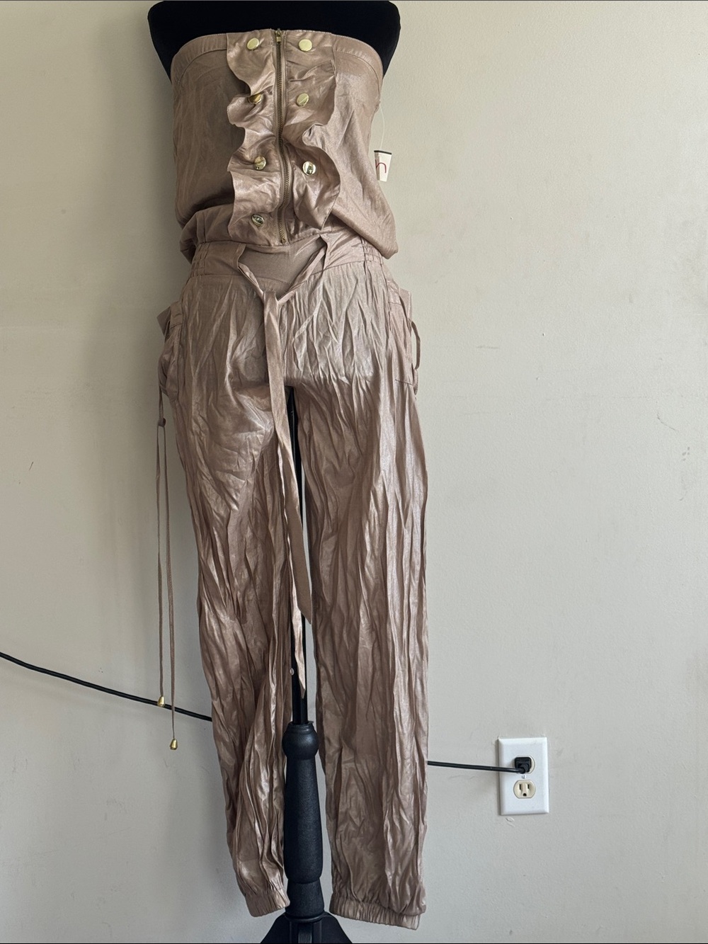Strapless Ruffle-Front Jumpsuit in Taupe